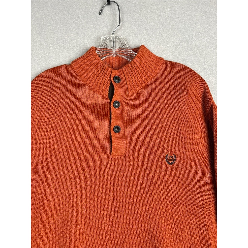 Chaps Men's Sweater Large Orange Mock Neck Henley Elbow Patches Suede Trim 2982 - Picture 2 of 13